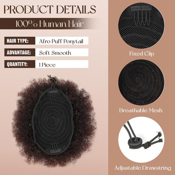 Human Hair Puff Ponytail Hair Clip 4 Inches - Fun accessory! Dark Brown - Picture 2 of 2